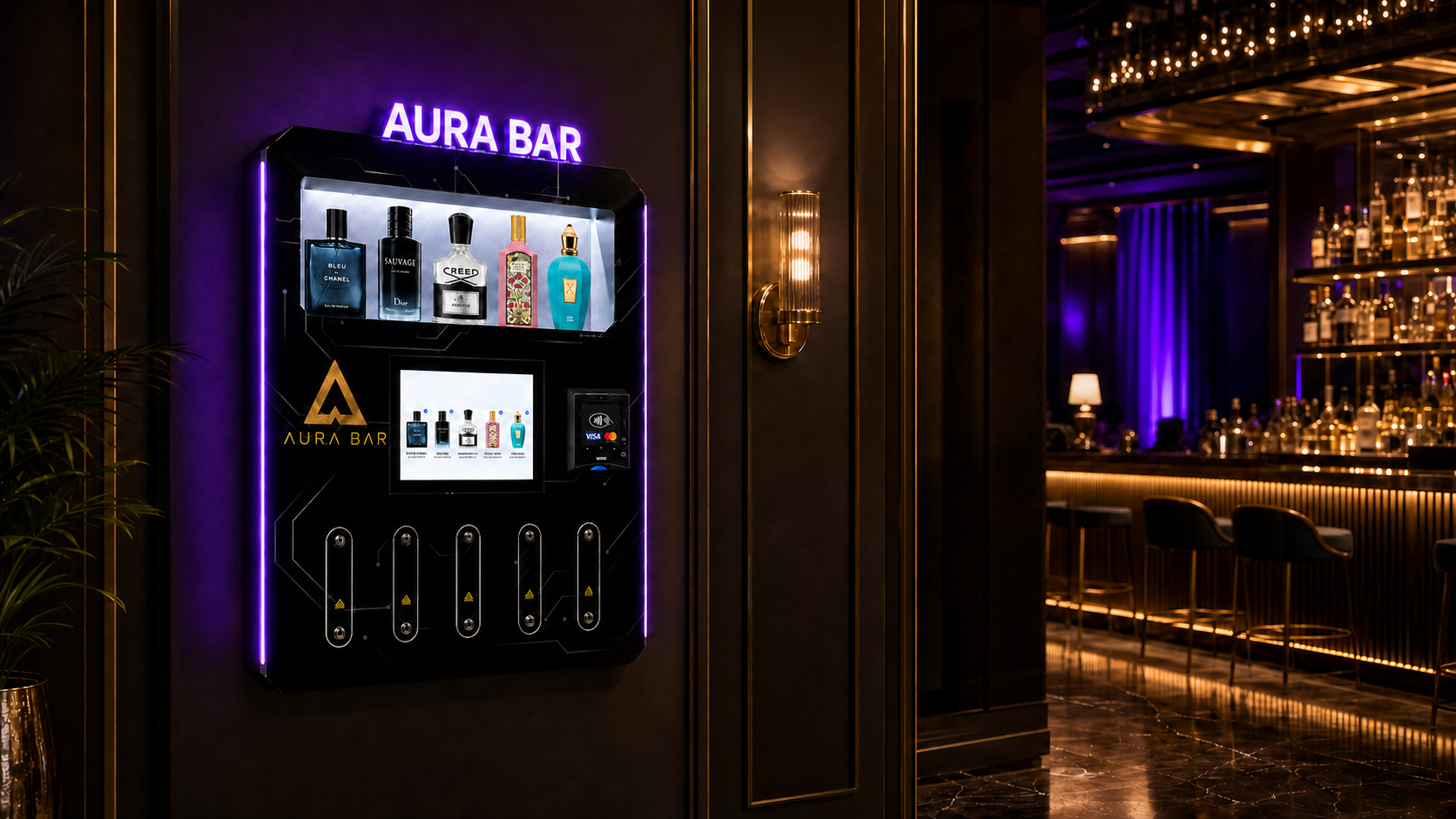 Aura Bar fragrance vending machine installed in a premium cocktail lounge